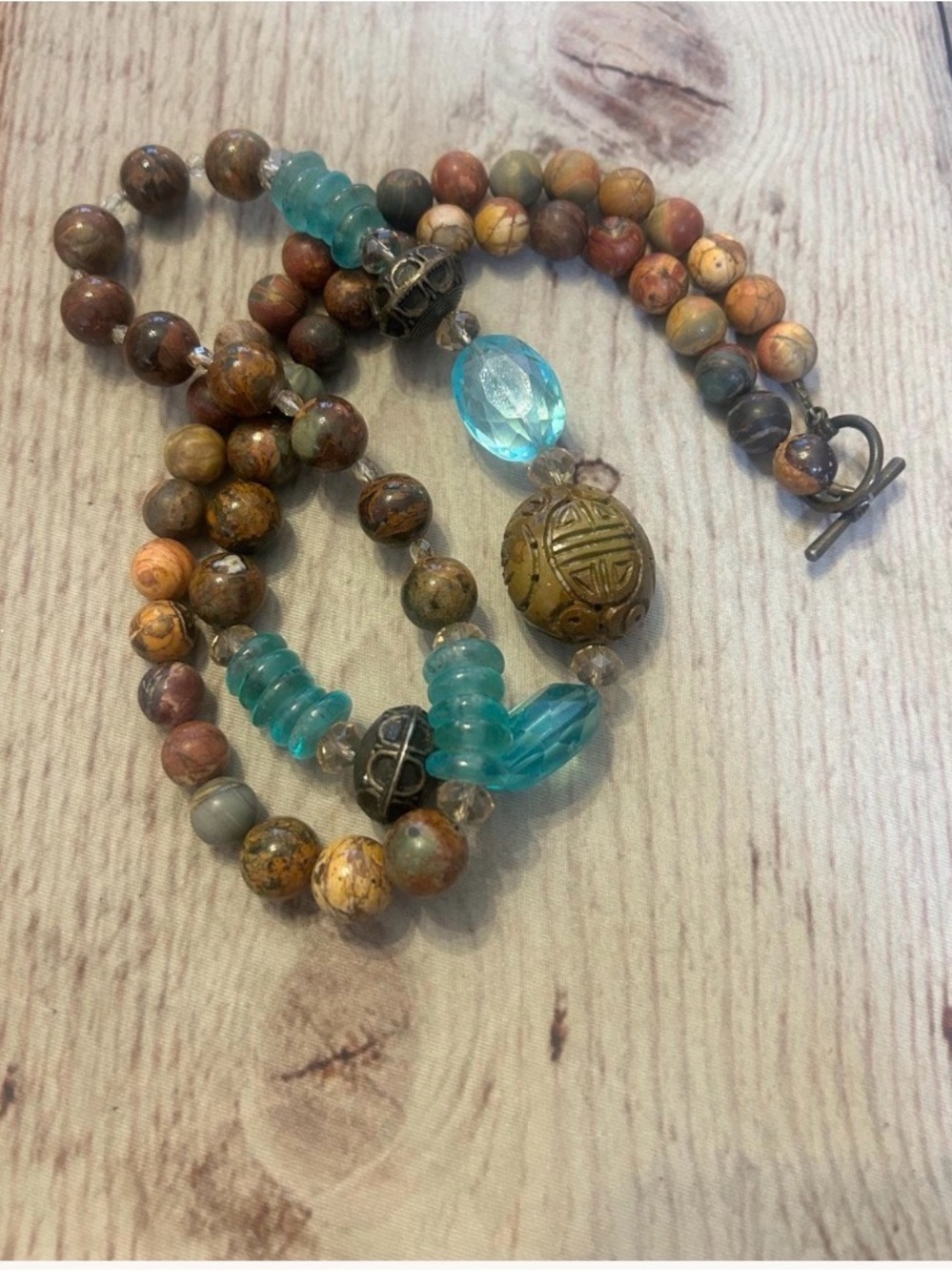 Gemstone Necklace Featuring Recycled African Glass, Brass, & Quartz Beads